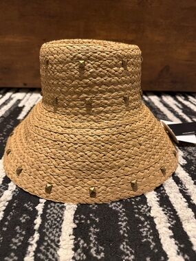 Straw Bucket Hat with Gold Studs - Natural